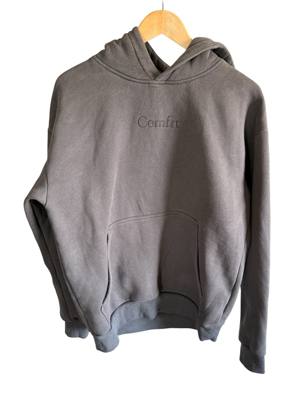 Comfrt Embroidered Dark Gray Cotton Hoodie Sweatshirt Pullover Unisex Medium
